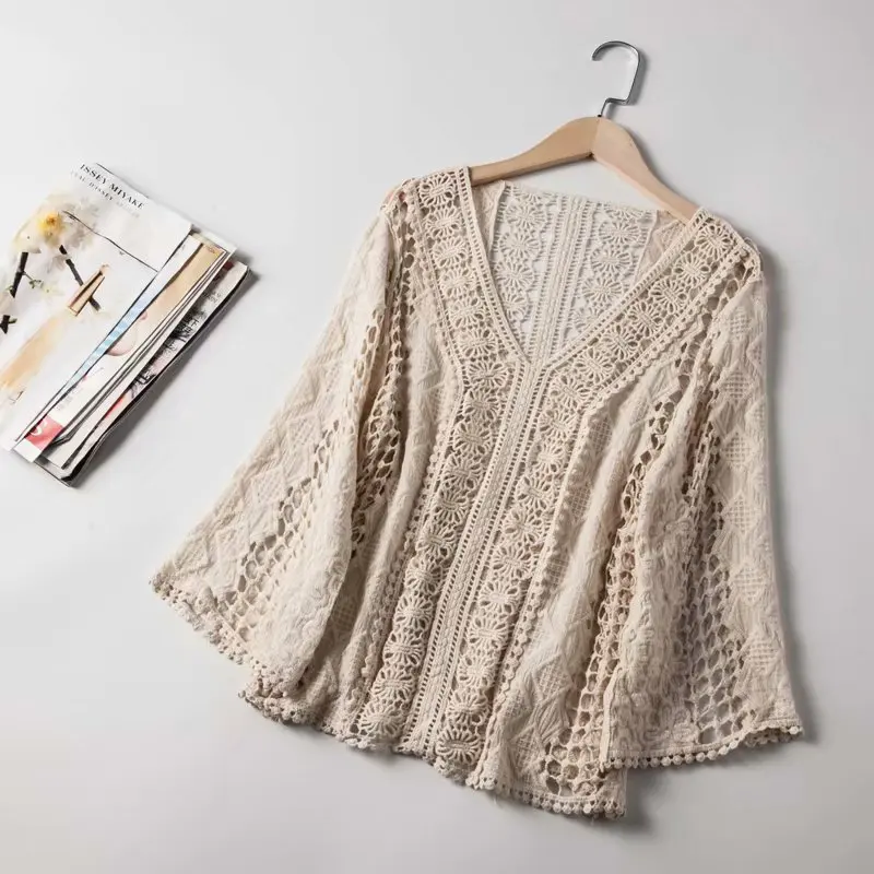 

Lace Sweaters Womens 2019 Autumn Bohemian Style V Neck Hollow Out Tops Female Crocheted Geometric Knitted Sweater Crop Pullovers