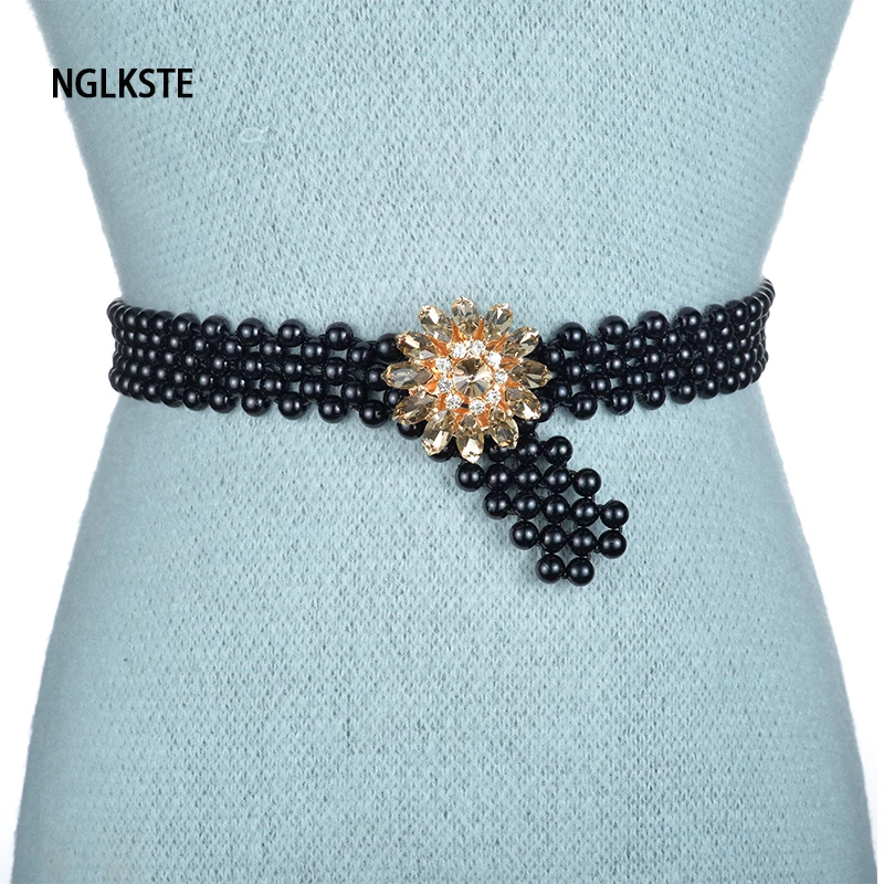 NGLKSTE lady belt elastic elastic Pearl Beads Black Crystal waist chain fashion sweet girl