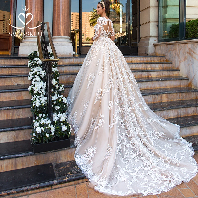 Роскошные свадебные платья Swanskirt с длинным рукавом и аппликацией, новинка, Свадебное бальное платье принцессы с длинным шлейфом, Vestido De Noiva F173