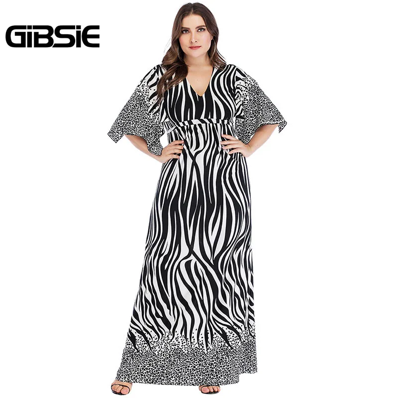 

GIBSIE Zebra Print Summer Women Long Maxi Dresses 2019 Elegant Plus Size V Neck Tie Waist Casual Party Fit and Flare Dress