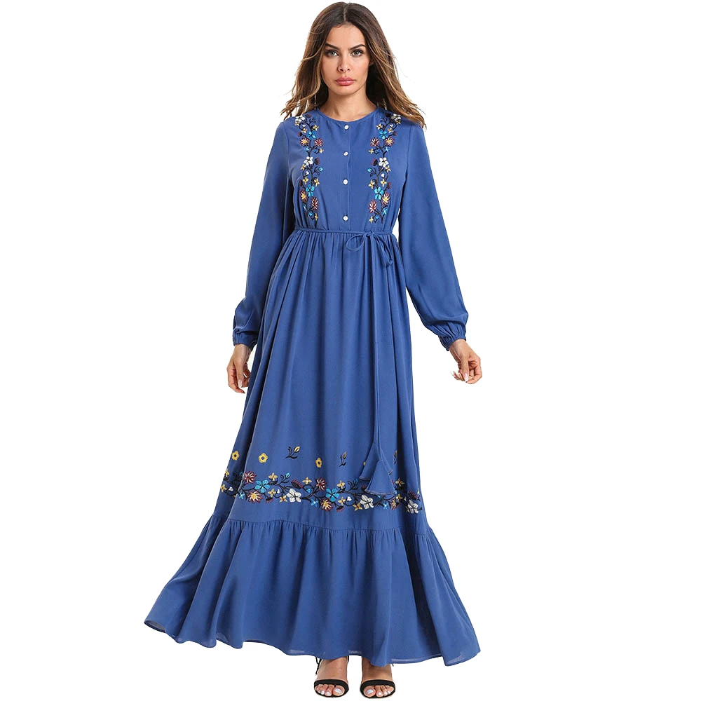 Большие размеры M-4XL Дубай abaya платье турецкое мусульманское женское большие свинг-платья мусульманская вышивка синяя одежда abaya халат для