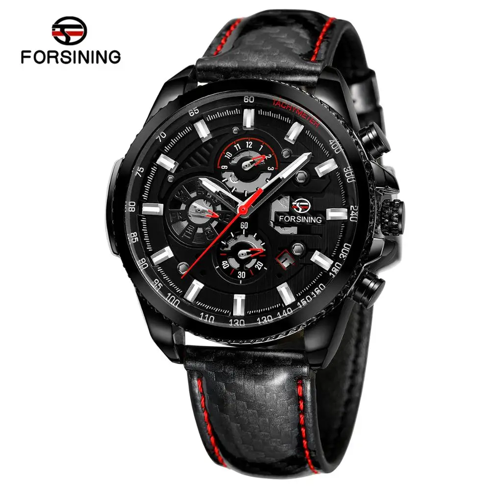 Forsining Three Dial Calendar Display Black Men Automatic Leather strap Wrist Watch Top Brand Luxury Military Sport Male Clock