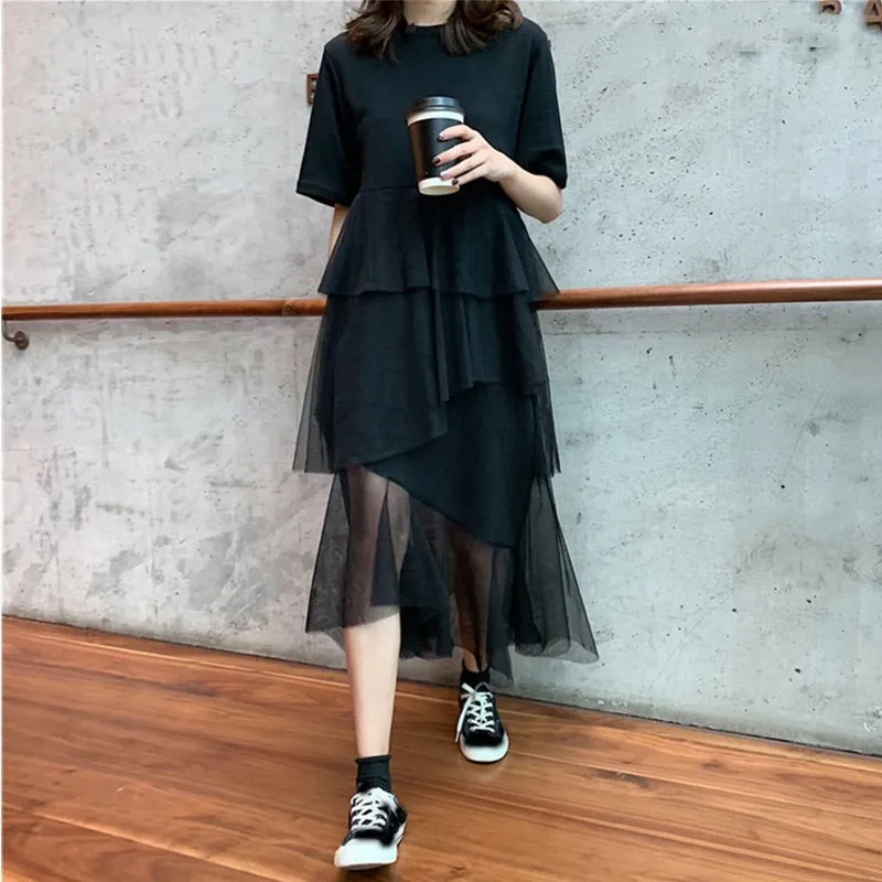 2019 Women Casual Short Sleeve T-shirt Dress O-Neck Ruffles Mesh Dress Loose Patchwork Long Maxi Dress