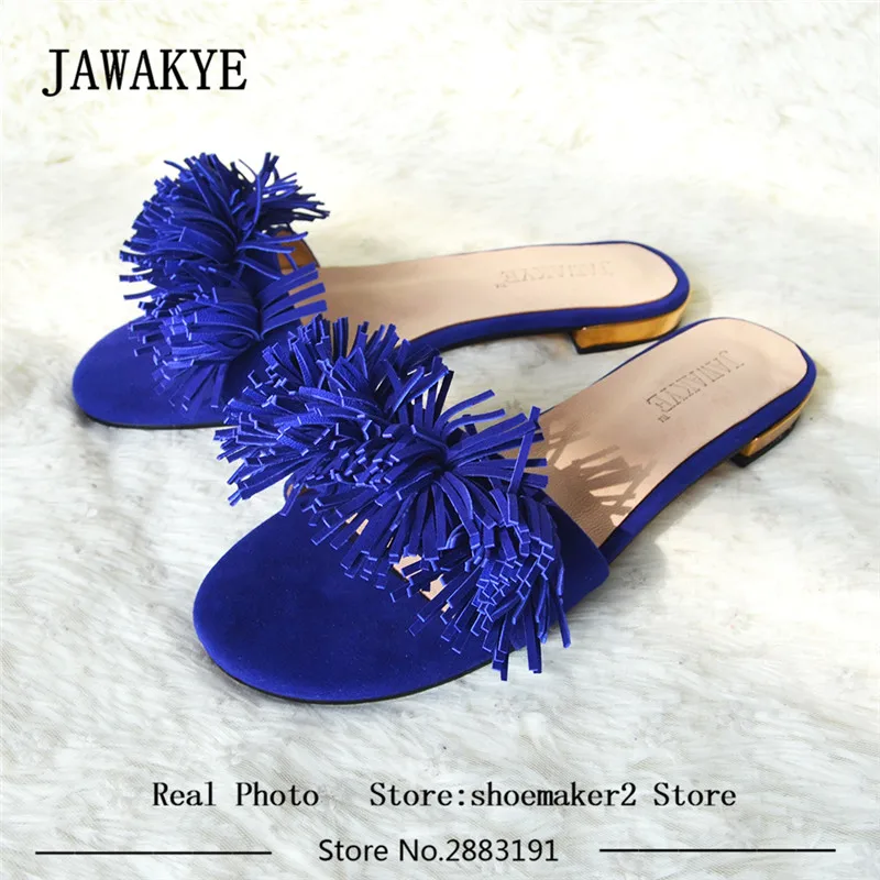 

JAWAKYE 2017 One-strap Tassel Flat Slipper Women Open Toe Candy Colors Fringe Muller Slides Woman Gladiator Sandals Beah Shoes