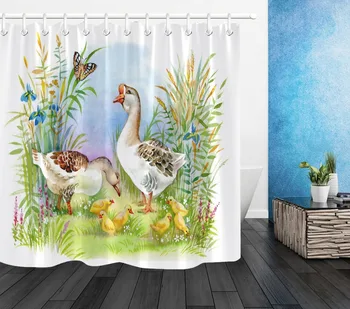 

LB Watercolor Duck & Butterfly White Shower Curtain Flower & Grass Extra Long Bathroom Waterproof Fabric For Art Bathtub Decor