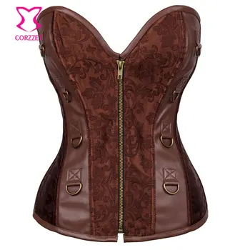 

Vintage Floral Brocade and Faux Leather Steel Boned Corset Sexy Zipper Bustier Steampunk Clothing Women Corsets and Bustiers
