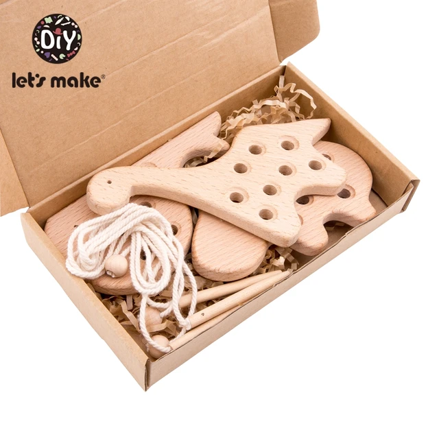 Let's Make Wooden Teether Lacing Animal Toys Educational Monterssori Toys Toddler Acticity Natural Eco Friendly Baby Teether 6