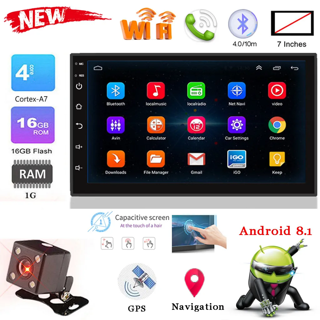 Автомагнитола 2 DIN 7 дюймов Android 8 1 16 ГБ четырехъядерный GPS mp5 плеер FM + камера AUX