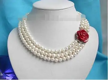 

Free Shipping>> new hot Elegant! 3stds round white pearls necklace