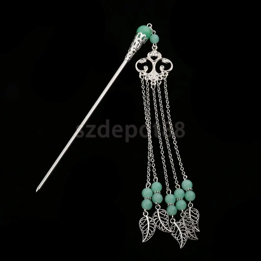 Solid Metal Tasel with Beads Stick Pin Hanfu Dress Ancient Chinese Cosplay Drama Girls Cute Hair Pin