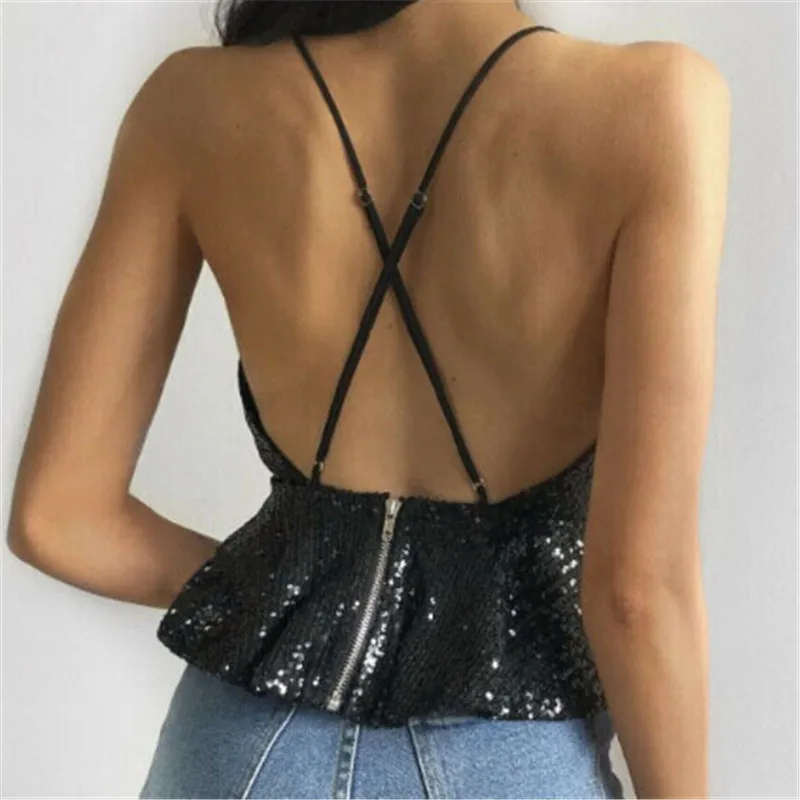 Модная сексуальная женская одежда сарафан sequin zipper Vest без рукавов v-образный вырез Свободные майка из полиэстера one pieces