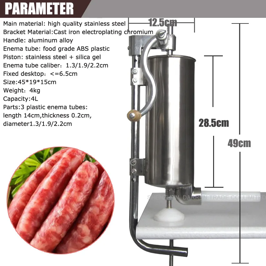 1 шт. 4L нержавеющая сталь коммерческий бытовой Ручной вертикальный наполнитель колбасы машина с 1,3, 1,9, 2,2 см пластиковые трубы