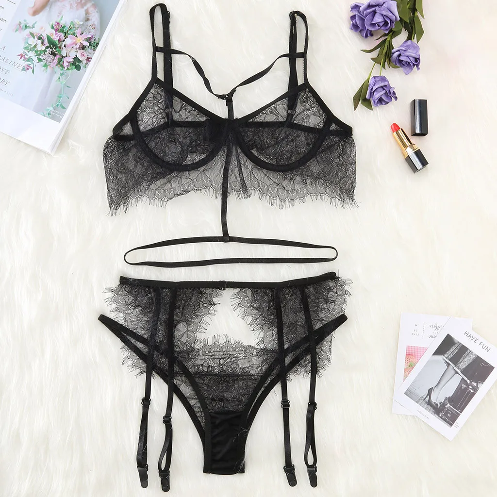 

Women Tights Sexy Lingerie bra and panty set for plus size Lace Hollow Openwork Sexy Perspective Three-piece Set