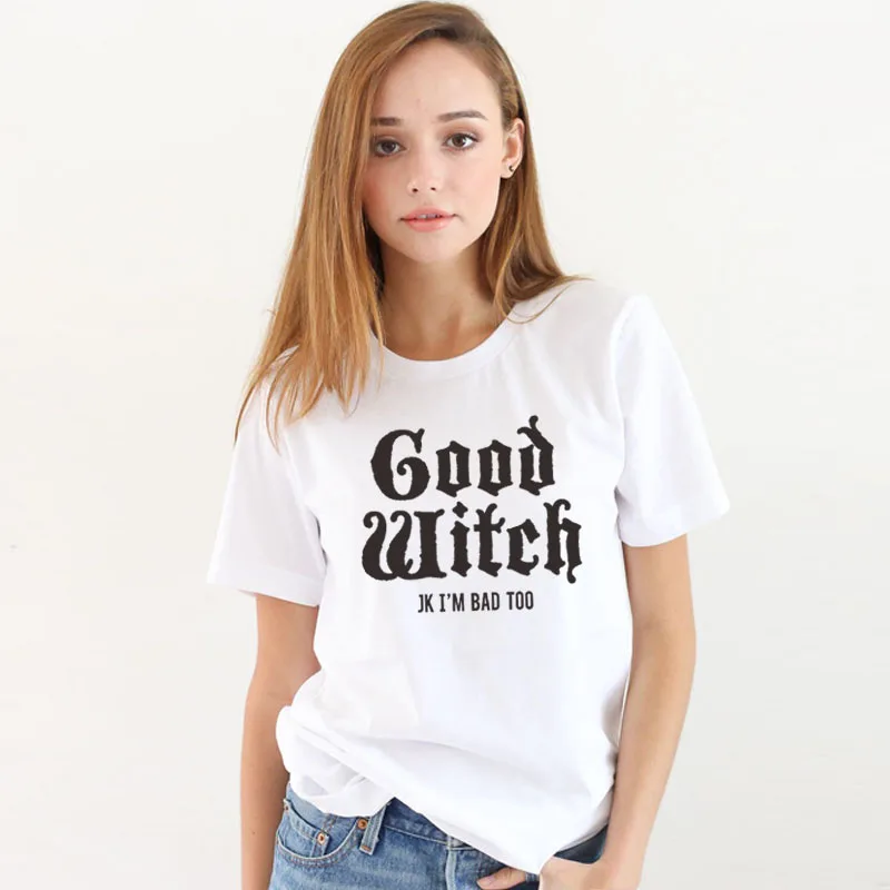 Lei-SAGLY, футболки для пары, топ с надписью «BAD WITCH GOOD WITCH», Женская Повседневная футболка, топы для Хэллоуина