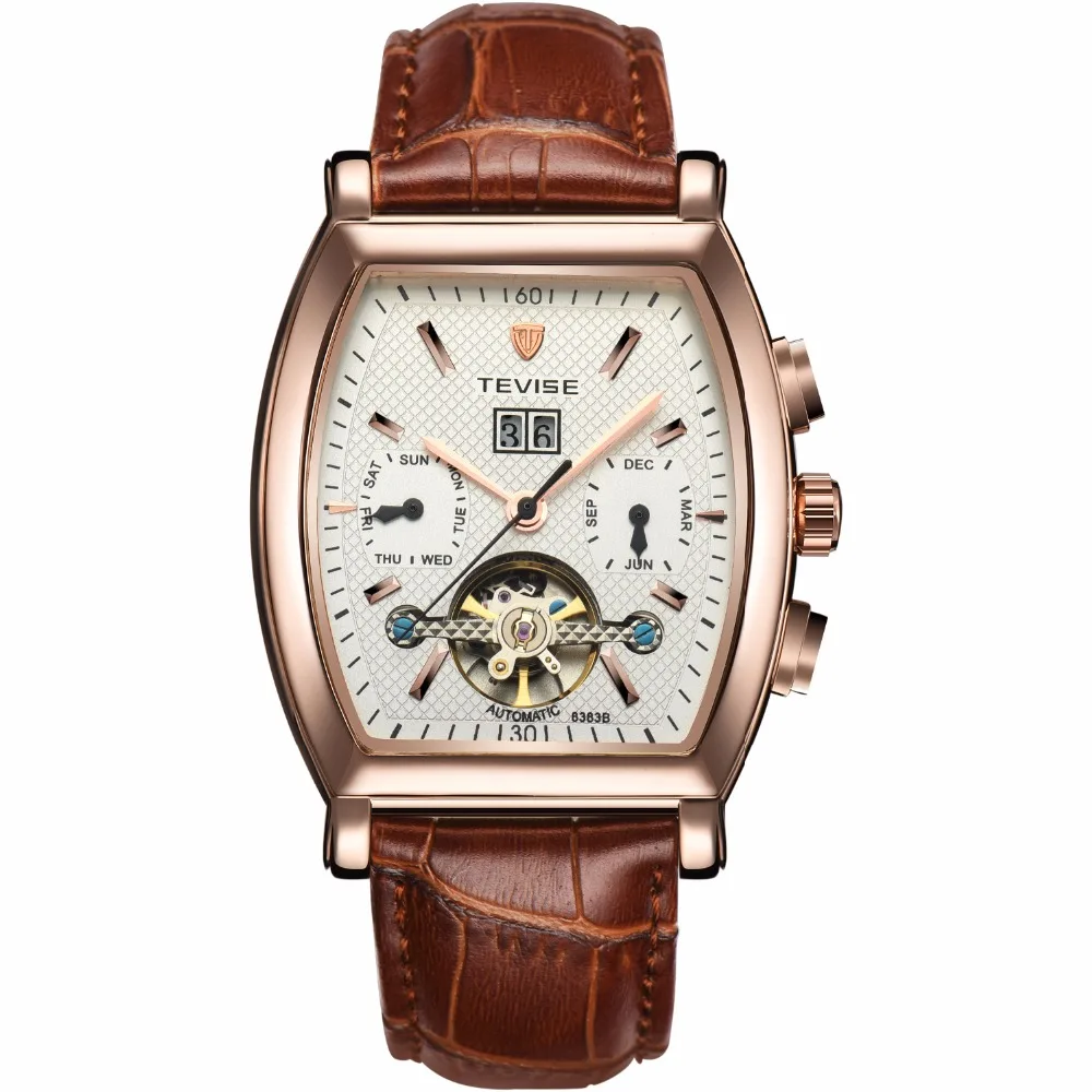 TEVISE الرجال توربيون التلقائي ساعات آلية للماء مربع الطلب الأعمال عارضة Relogio Automatico Masculino مع مربع