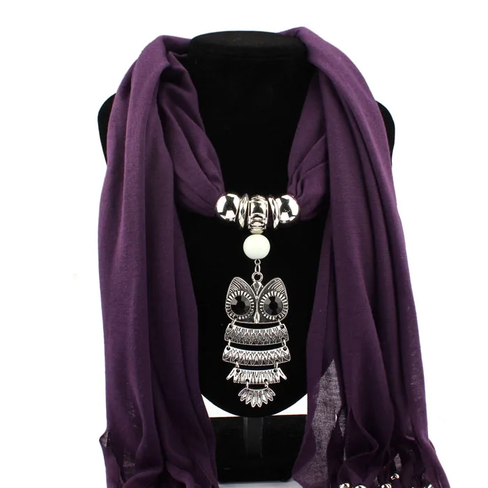 Autumn Scarf Women Necklace Scarves Luxury Owl Pendant Jewelry Tassels Scarf Winter Ladies Shawl Wraps Pashmina Bandana#LR10 - Color: Purple