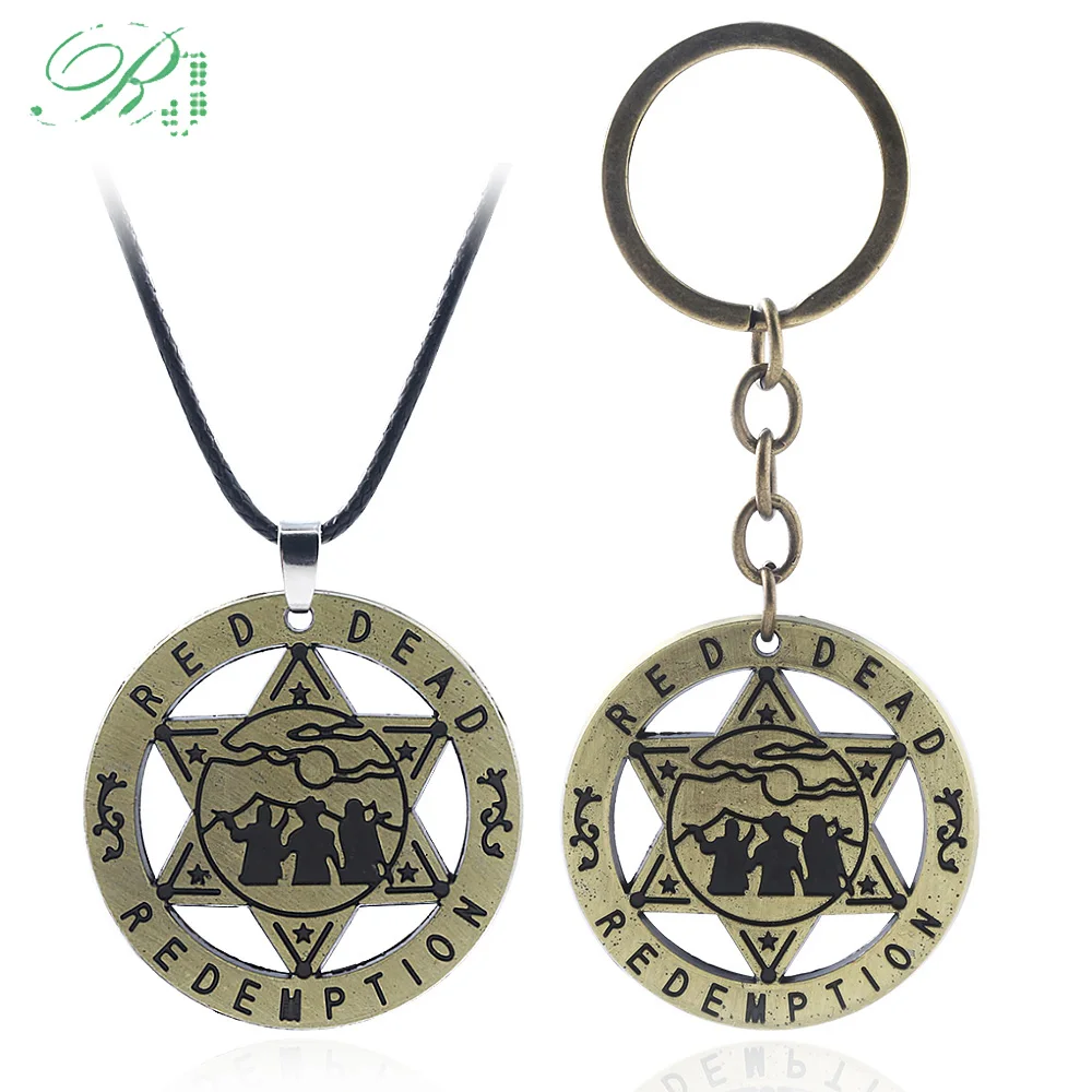 

RJ 2019 Hot Game Red Dead Redemption Logo Keychains Pendants Chaveiro Metal Men Car Keyring Fans Antique Bronze Jewelry