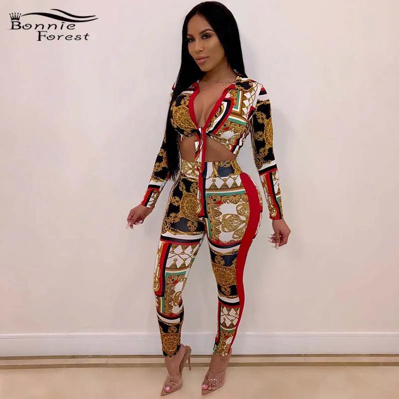 

Bonnie Forest Sexy Tie Front Print Crop Top & Pant Sets Two Pieces Vintage Womens Special Occasion Outfits Night Clubwears