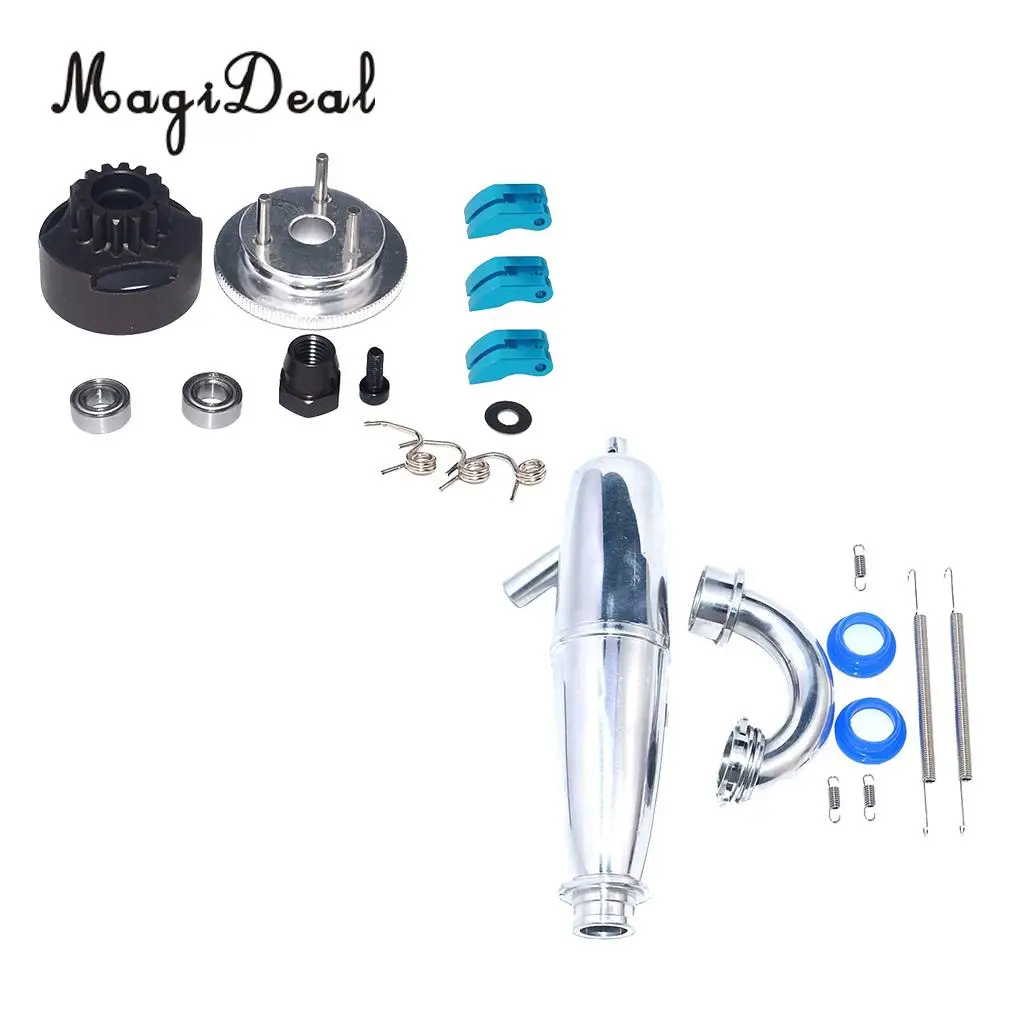 14T Gear Flywheel Assembly Bearing Clutch Bell Shoes Nut Springs+Exhaust Pipe Tubing for HSP Bobao HPI SH Truck 1/8 RC Car