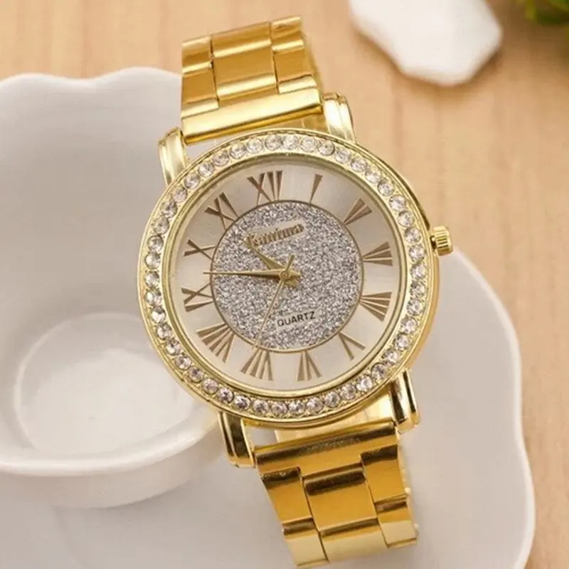 Kobiet Zegarka, новинка, женские часы, роскошный бренд, женская мода, нержавеющая сталь, стразы, кварцевые часы, розовое золото, Reloj Mujer