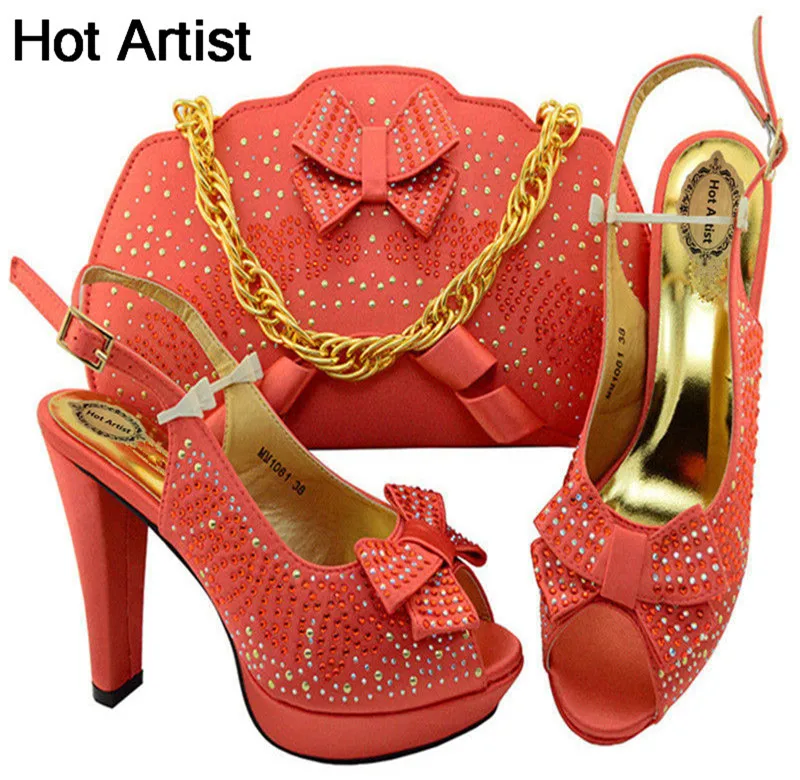 

Hot Artist New Arrival African Women High Heels Shoes And Bag For Party Fashion Rhinestone Adult Sandal Pumps Shoes MM1061