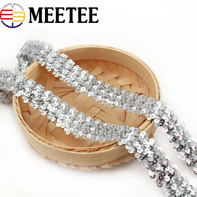 

9Meters Sequins Lace Ribbons Silver Elastic Lace Trims Stretch Lace Band Dance Dress Paillette Applique DIY Sewing Accessories