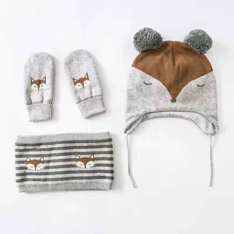 Хлопковая детская шапка + шарф перчатки с вышивкой Little Fox вязаные детские шапочки