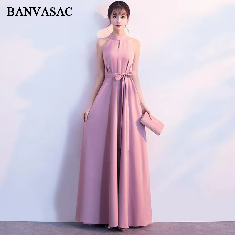 

BANVASAC 2018 Halter Bow Sash A Line Long Evening Dresses Elegant Zipper Back Off The Shoulder Party Prom Gowns