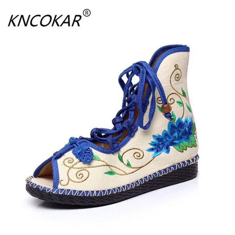 

2017 Spring and summer cloth shoes folk embroidered shoes flat shoes with Roman sandals fish mouth women's shoes