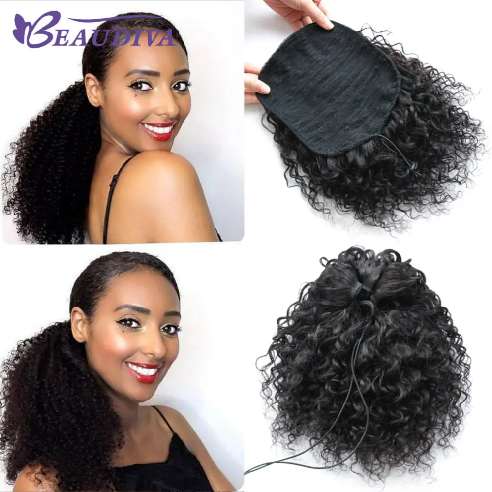 Beaudiva бразильский афро вьющиеся парик конский хвост шнурок Короткие афро кудрявый конский хвост клип на человеческие вьющиеся волосы