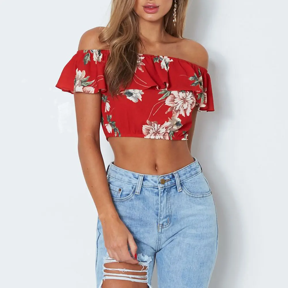 

Summer Women Sexy Crop Top Off Shoulder Sleeveless Floral Printed Ruffles Casual NYZ Shop