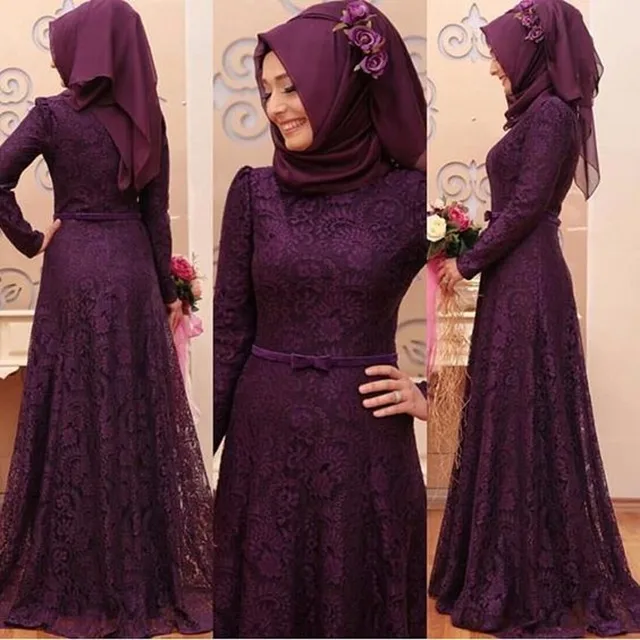Elegant Muslim Long Sleeve Evening Dresses Hijab lace prom dresses high