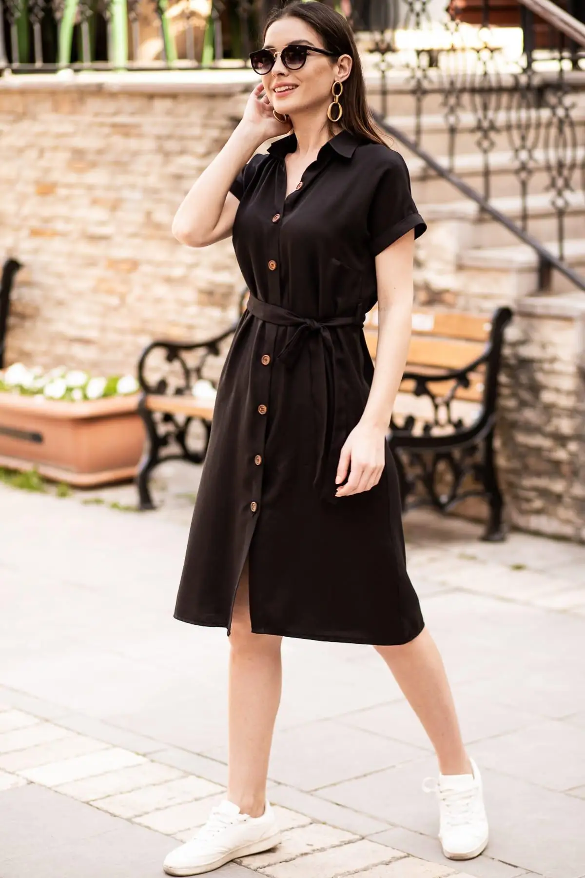 

Armonika Women Black Beli Girdled Short Sleeve Shirt Dress ARM-19Y001068