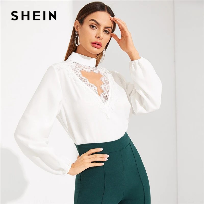 SHEIN Топ С Кружевной Отделкой И Воротником Чокером 2019 Блуза Вставкой Вырезом| |