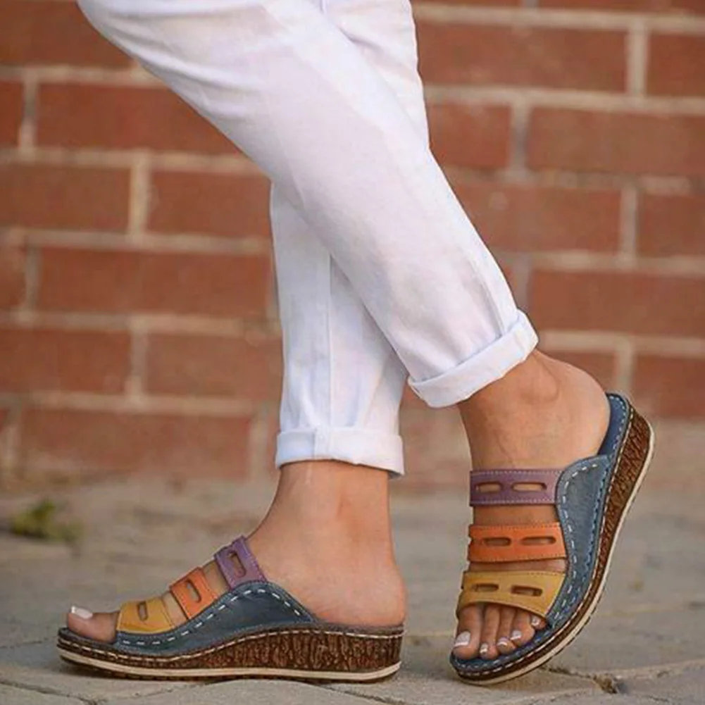 

Slip-on Slippers Casual Beach Women Sandals Slide Wedges Platform Open Toe Summer Chic Three Color Stitching Shoes Leisure