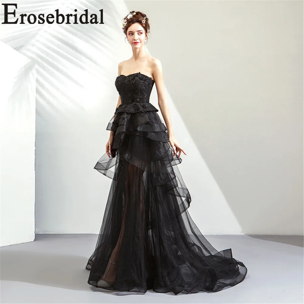 Женское длинное вечернее платье Erosebridal черное трапециевидной формы из фатина с