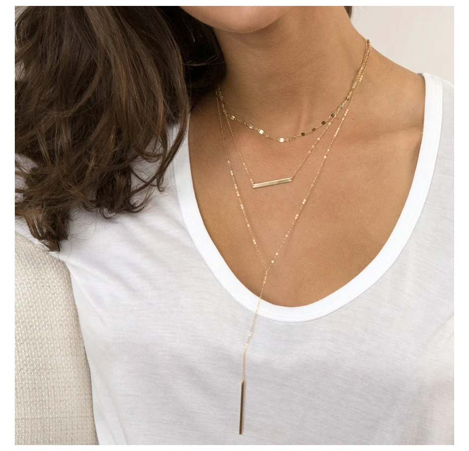 eManco layered chains long necklace women gold color link chain necklace pendant choker necklace for women fashion jewlery