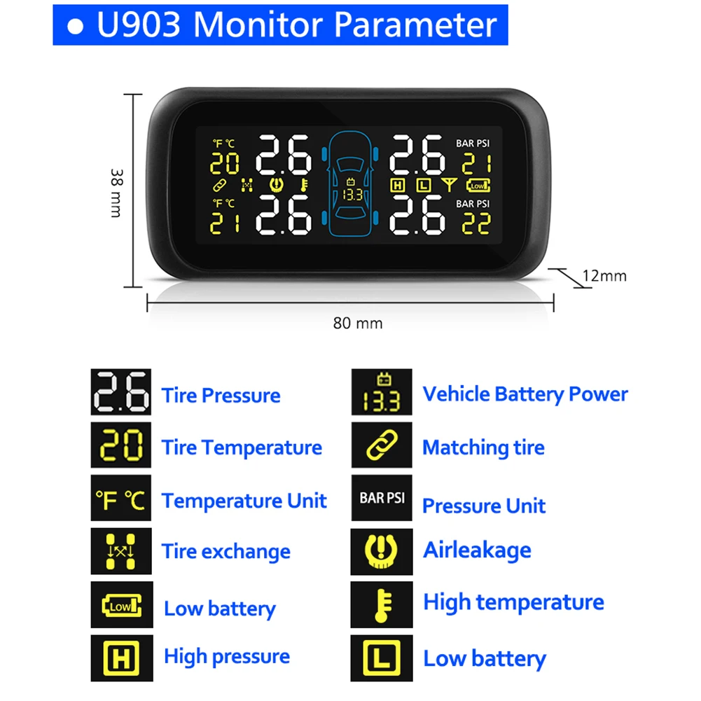 TPMS Автомобильная электроника беспроводная система контроля давления в шинах с внешними сменными датчиками батареи ЖК-дисплей U903