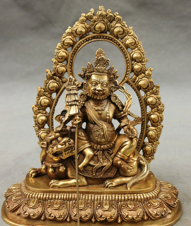 

S3501 8" Tibet Brass Buddhism Protect Jambhala Buddha Statue Ride Dragon Lion Joss D0317