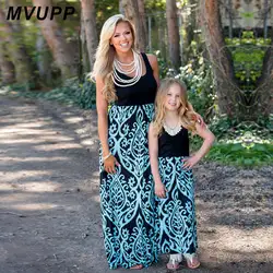MVUPP платья для мамы и дочки одинаковые aqua черный узор летом мама и я костюм для маленьких девочек винтажные Макси пляжное платье