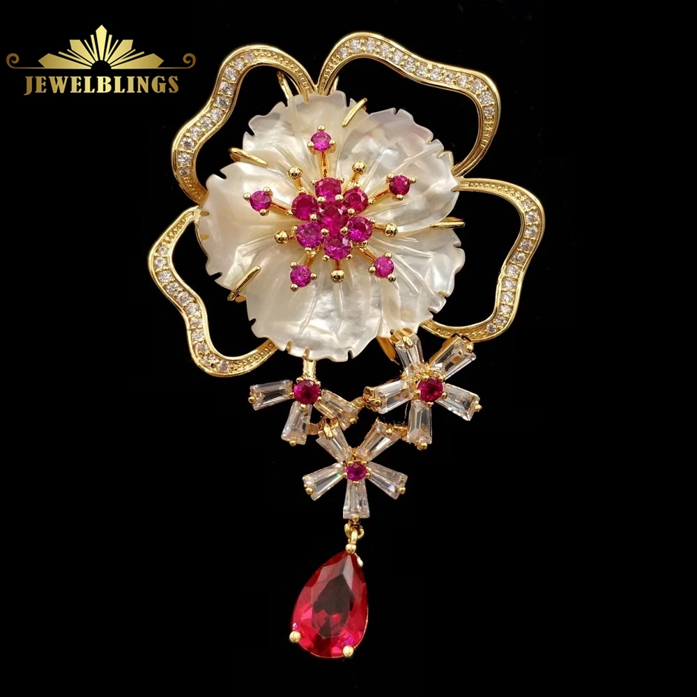 

Vintage White Petal Pink Pistil Mother of Pearl Plum Flower Brooches Gold Tone Opens Floral Chain CZ Teardrop Pin Floral Jewelry