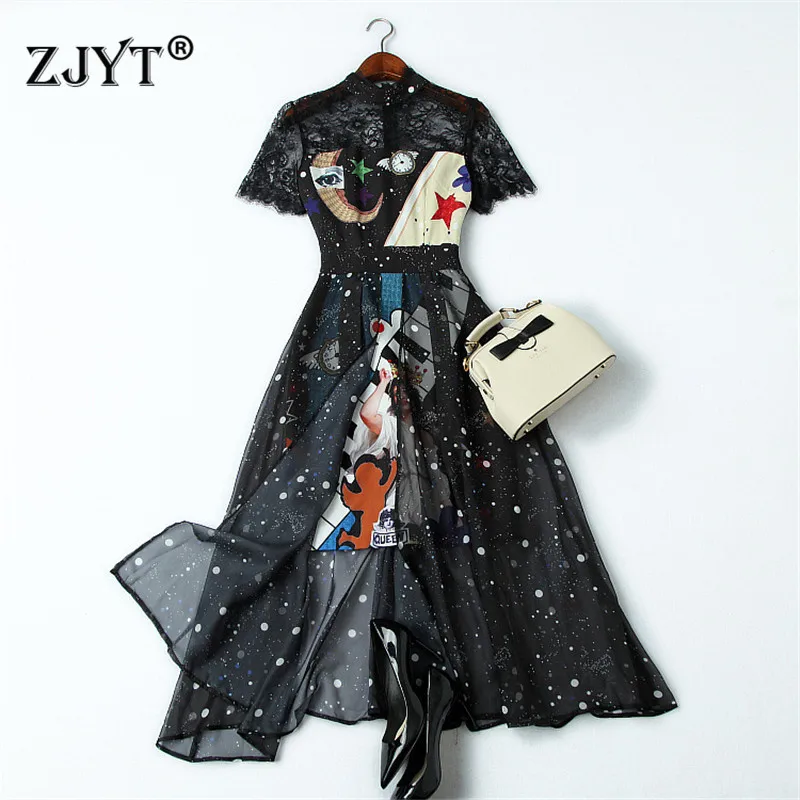  Fashion Designer Runway Summer Dress Women Clothes 2019 New Elegant Short Sleeve See Through Lace P