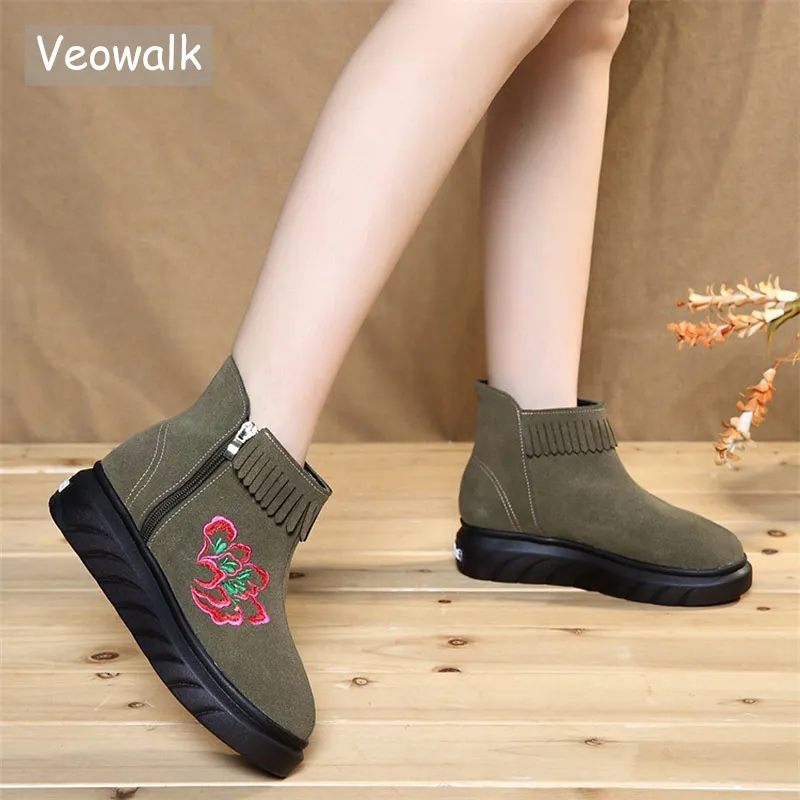 Veowalk Autumn Women Casual Micro Suede Embroidered Flat Short Ankle Boots Ladies Old Beijing Embroidery Tassel Booties Shoes Veowalk Autumn Women Casual Micro Suede Embroidered Flat Short Ankle Boots Ladies Old Beijing Embroidery Tassel Booties Shoes