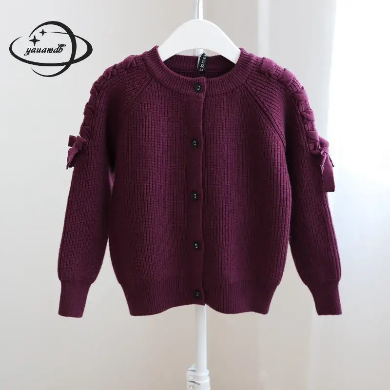 

YAUAMDB kids sweaters 2018 winter knitwear 3-9Y girls cardigan bow clothing O neck solid color fashion children clothes ly58