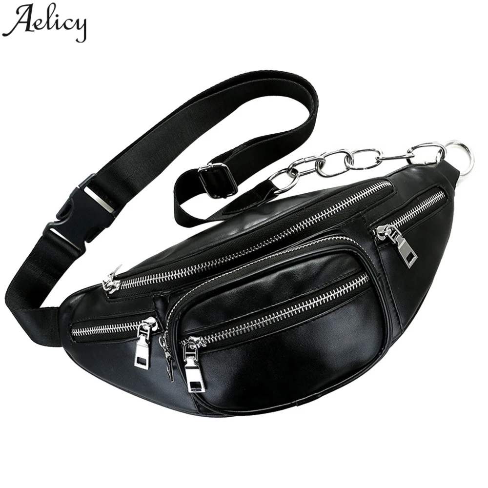 Aelicy Fashion Waist Bags Unisex Solid new Pack Female Chains Bag Black Hobos Shape Pu Leather Waist Packs Chest Phone Pouch