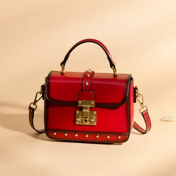

Vintage women's handbags rivets real leather premium quality fashion Soulder Bags genuine leather bags for women