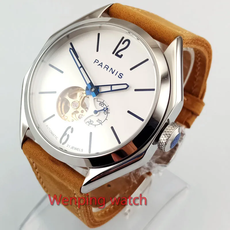 

43mm Parnis white dial marks 21 jewels golden miyota automatic movement men's wrist watch W2791