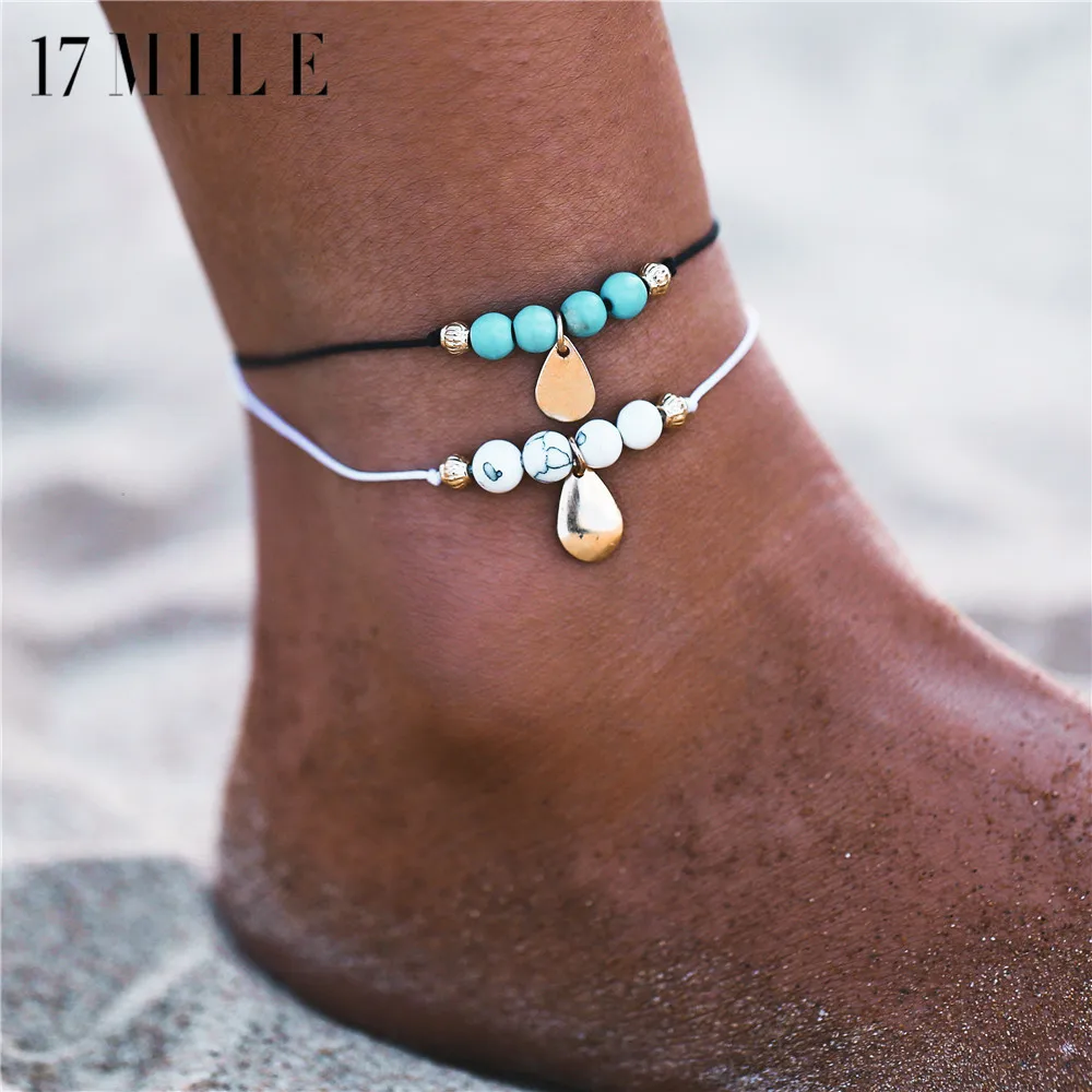 

17MILE New Beads Water Drop Multi Layer Anklets For Women Adjustable Rope Chain Pendant Anklet Bracelets Beach Jewelry DIY Gift
