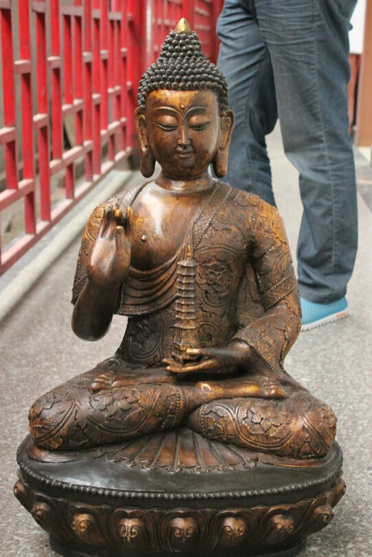 

fast shipping USPS to USA S1747 30 Old Tibet Bronze Gilt Temple Shakyamuni Sakyamuni Buddha Statue Hold Stupa