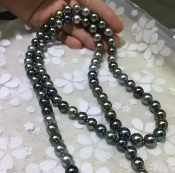 

249-10mm natural tahitian genuine black peacock pearl necklace 925 silver